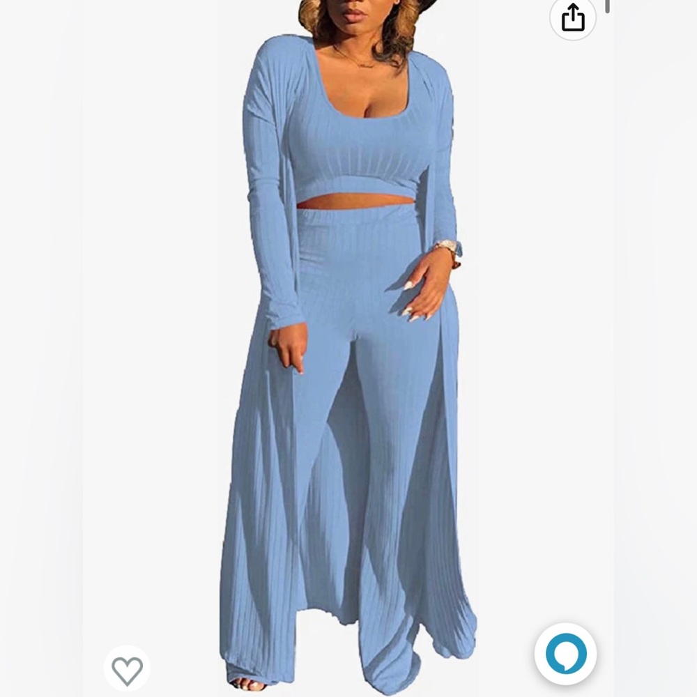 3 Piece Outfit Rib Open Front Cardigan w/Crop Tank Top Wide Leg Palazzo Pant Set